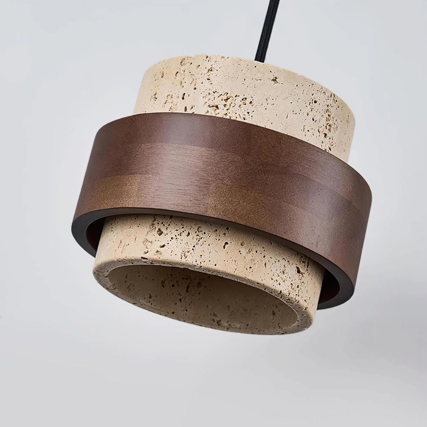 Travertine stone pendant lamp full product view showing texture color and walnut wood band construction