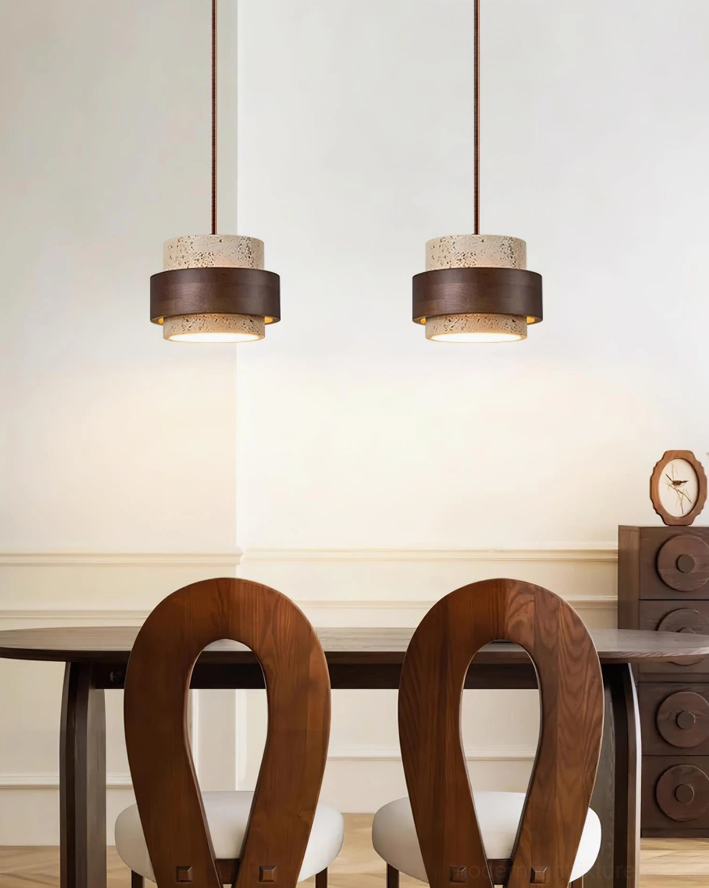 Travertine stone pendant lighting fixture, showing natural color variation and mineral striations in beige stone