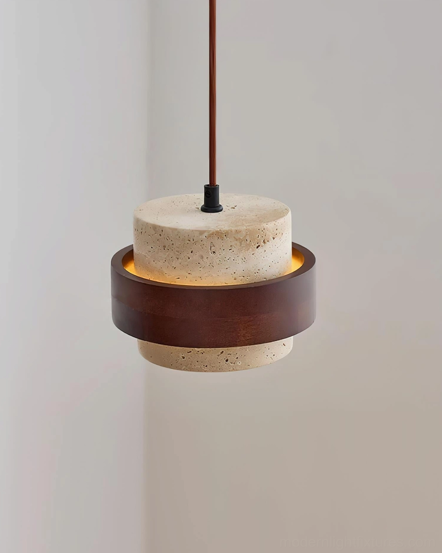 Travertine stone pendant lamp suspended in entryway space, architectural presence and entry lighting focal point