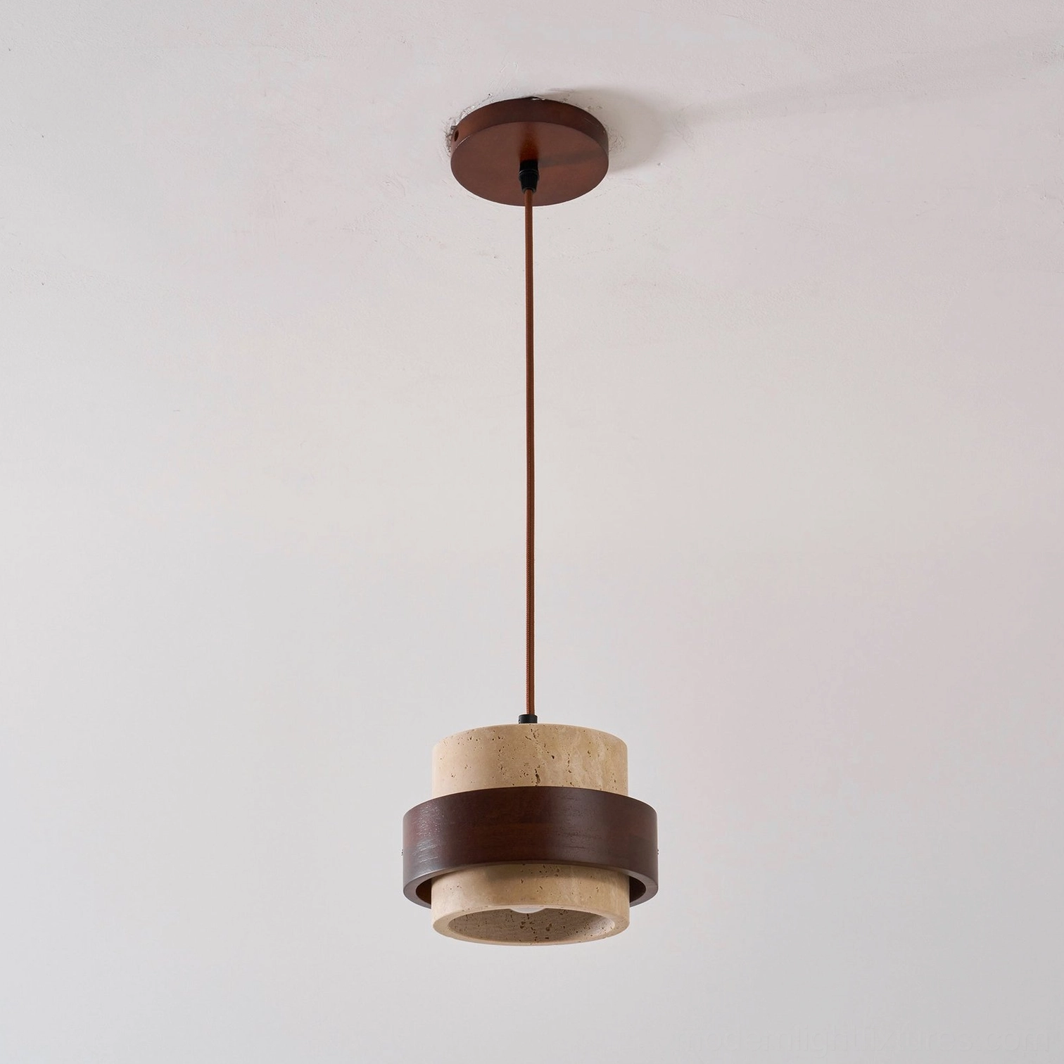 Natural travertine stone pendant lamp with wood frame, showing authentic geological surface characteristics