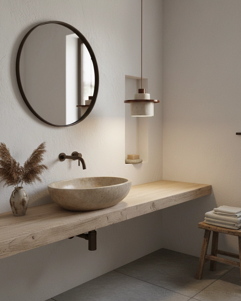 Single travertine pendant lamp above bathroom vanity mirror minimalist design