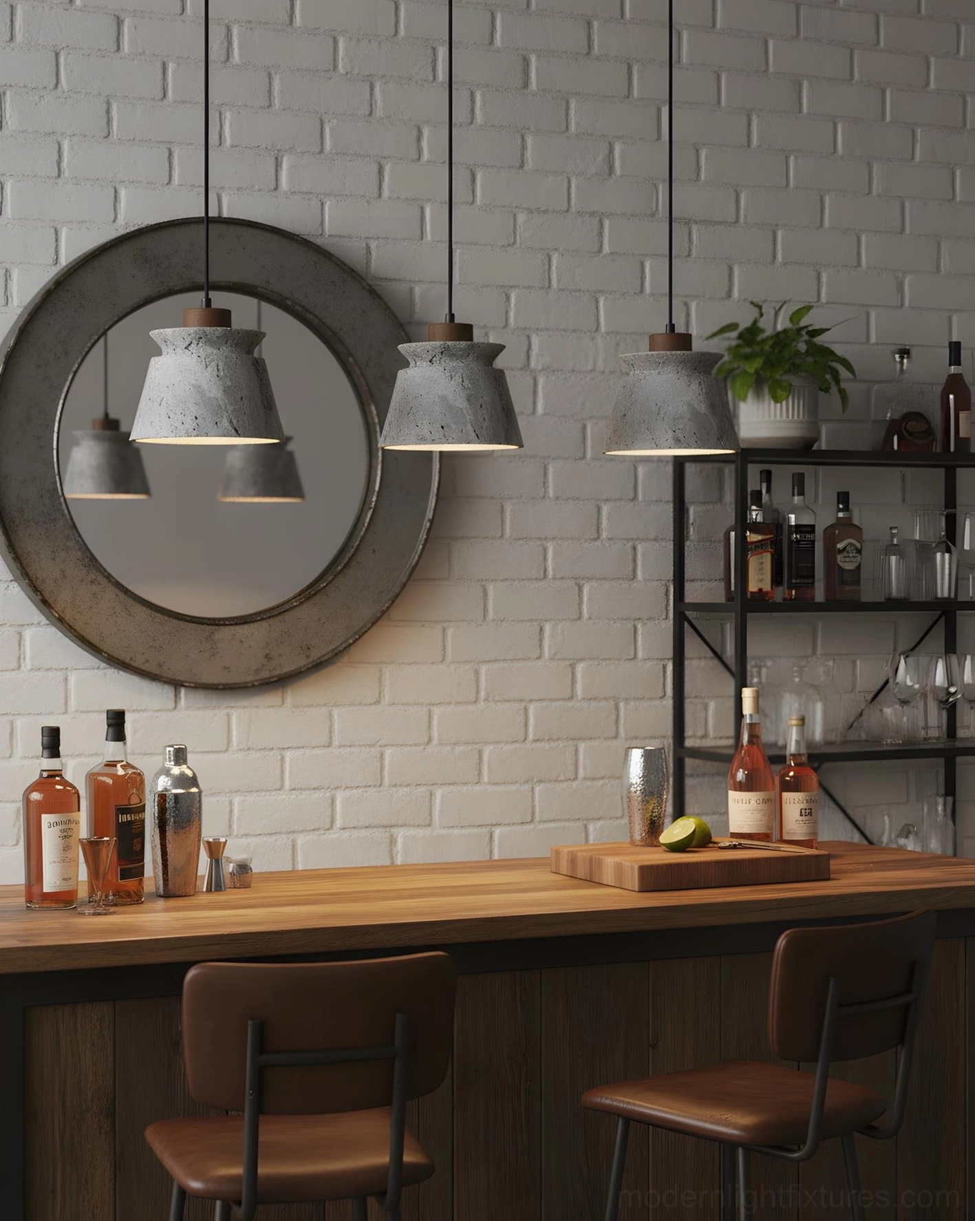 Industrial home bar interior with grey travertine pendant lights, white brick wall, and wooden bar counter