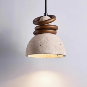 Travertine pendant lamp side profile showing stacked walnut wooden details and soft warm downward light diffusion
