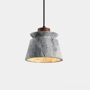 Travertine pendant light with walnut wood detail, close-up product shot showing speckled stone texture and warm interior glow