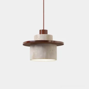 Travertine pendant light with wood accent detail shot, front close-up view of stone and wooden disc