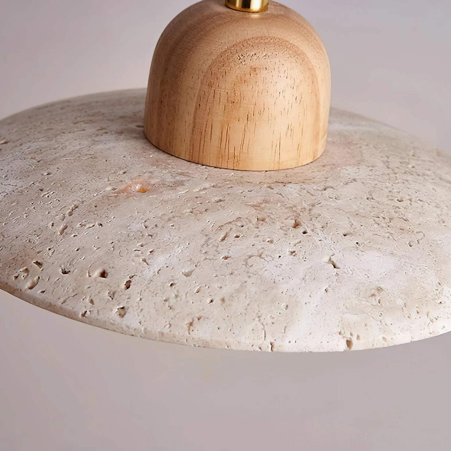 Sculptural travertine stone pendant light wood crown architectural detail