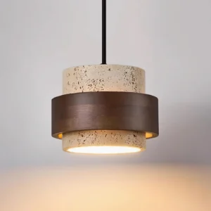 Top-down overhead view of travertine pendant lamp showing textured stone surface and wood ring accent