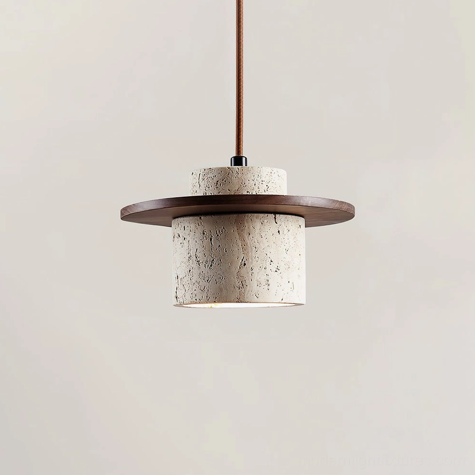 Natural travertine pendant lamp with walnut finish wood cap, side angle view displaying cylindrical stone shade and wood disc design