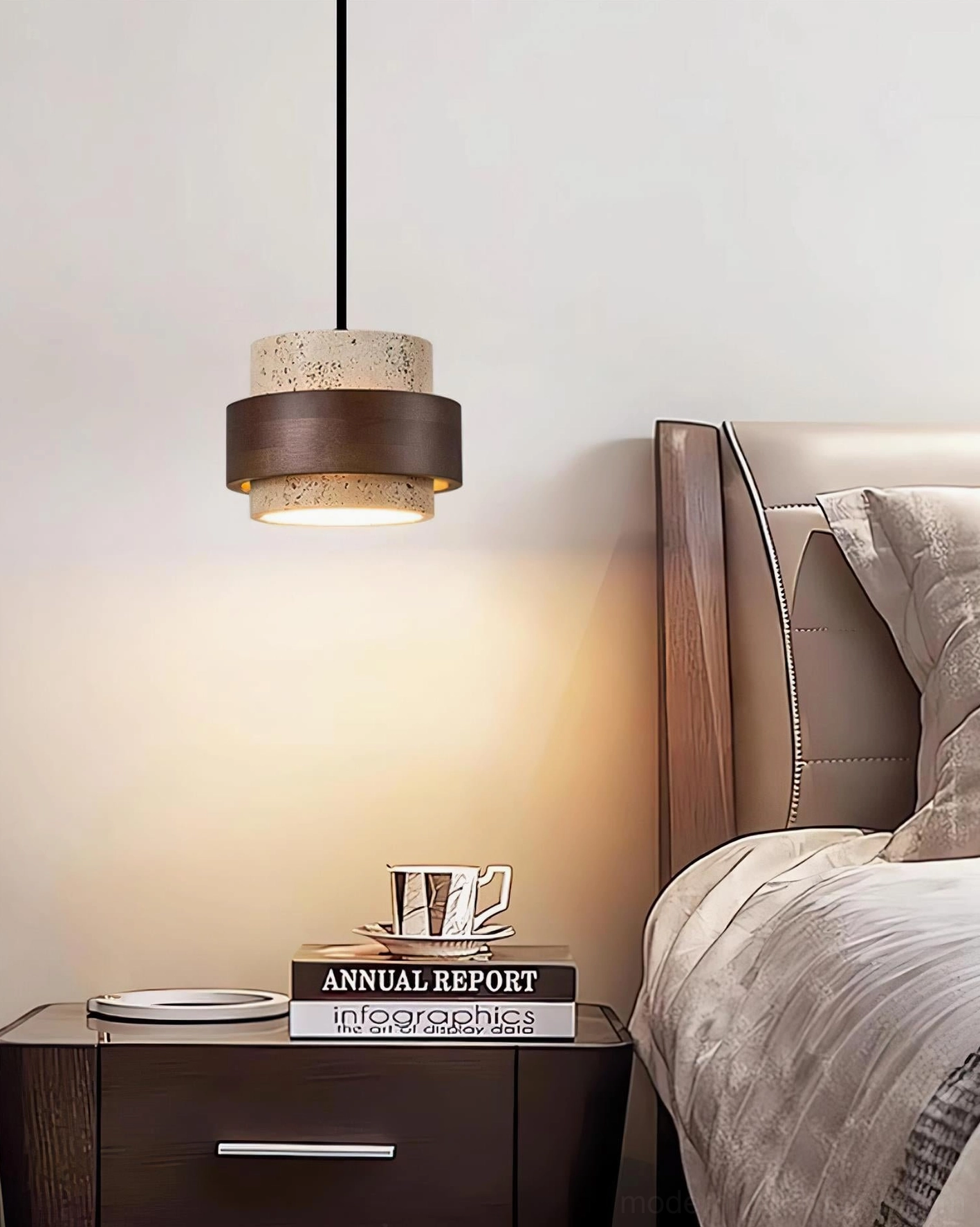 Travertine pendant lamp positioned as cozy bedroom accent light above nightstand with warm glow