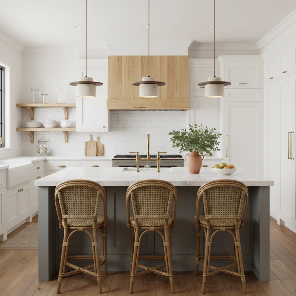 Travertine pendant light fixtures in bright contemporary farmhouse kitchen, uniform hanging arrangement over workspace
