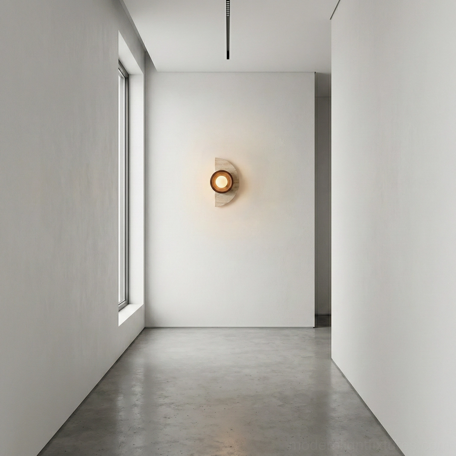 Contemporary travertine and wood wall sconce architectural detail showing organic stone surface and glass diffuser