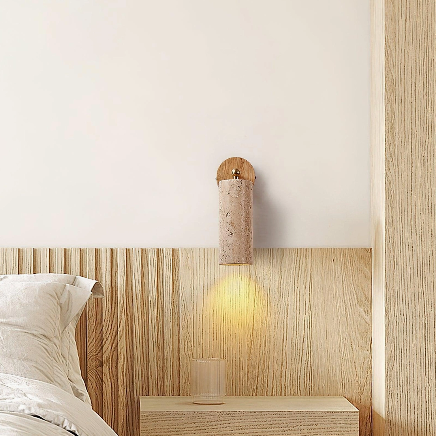 Mireille wall sconce low angle view mounted on wood slat wall with warm ambient light