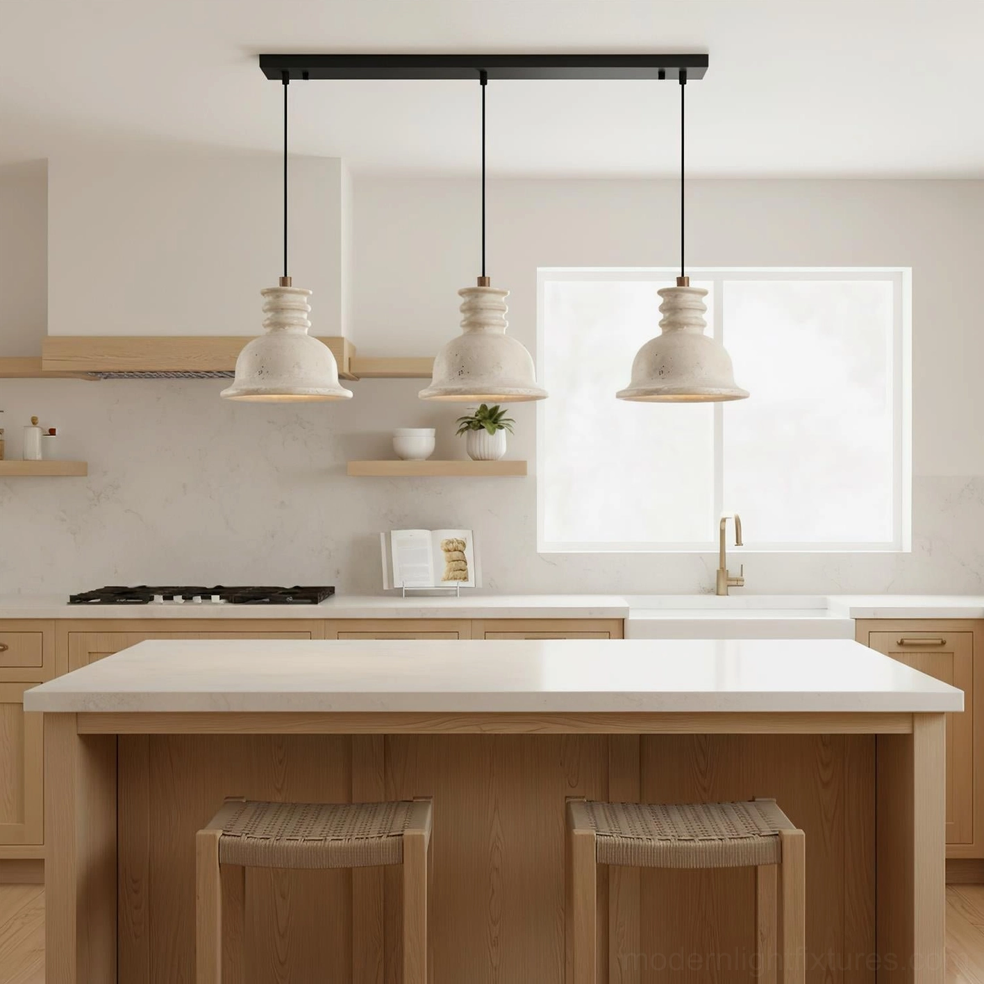 Close-up detail of travertine stone texture on pendant light shade showing natural variations and authentic material characteristics