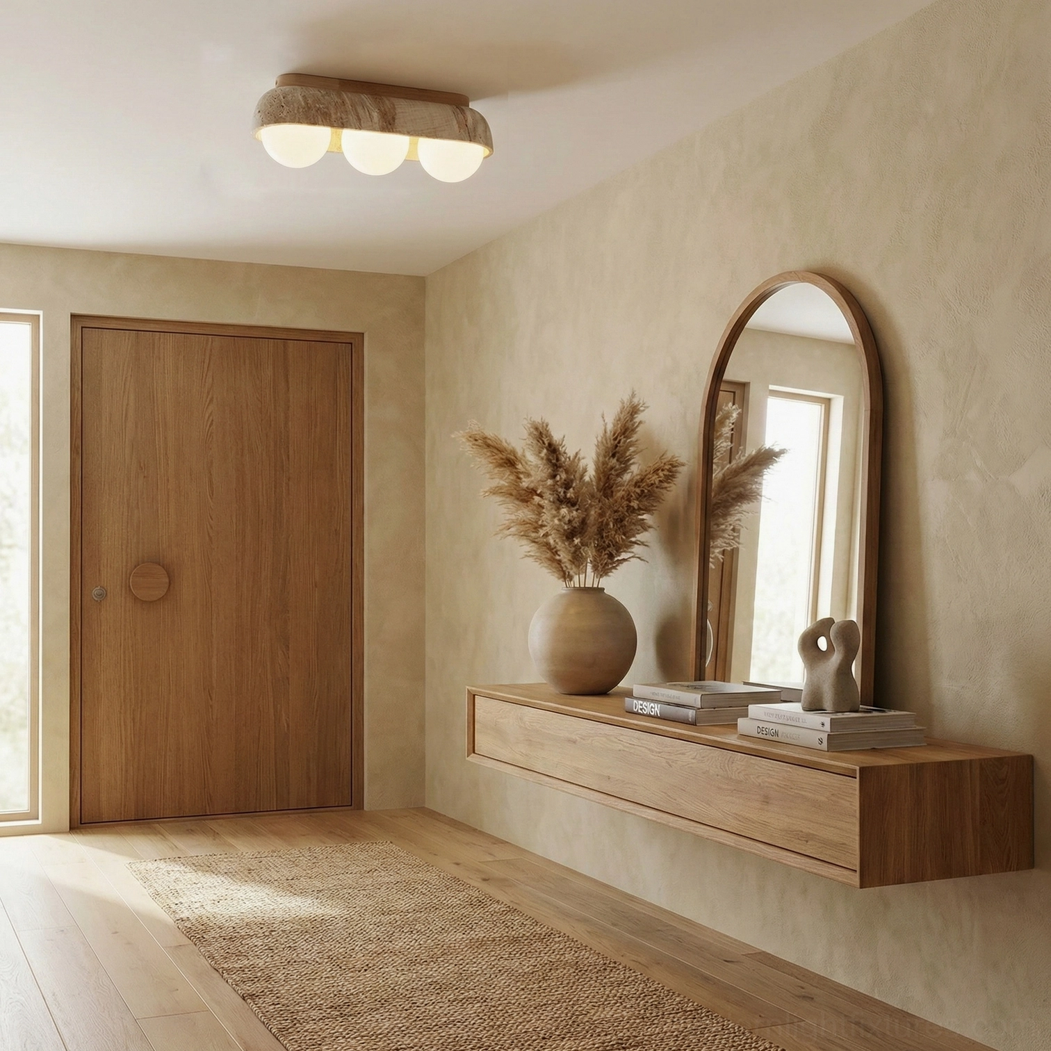 Detail shot of travertine ceiling light fixture showing authentic stone texture and frosted glass globe