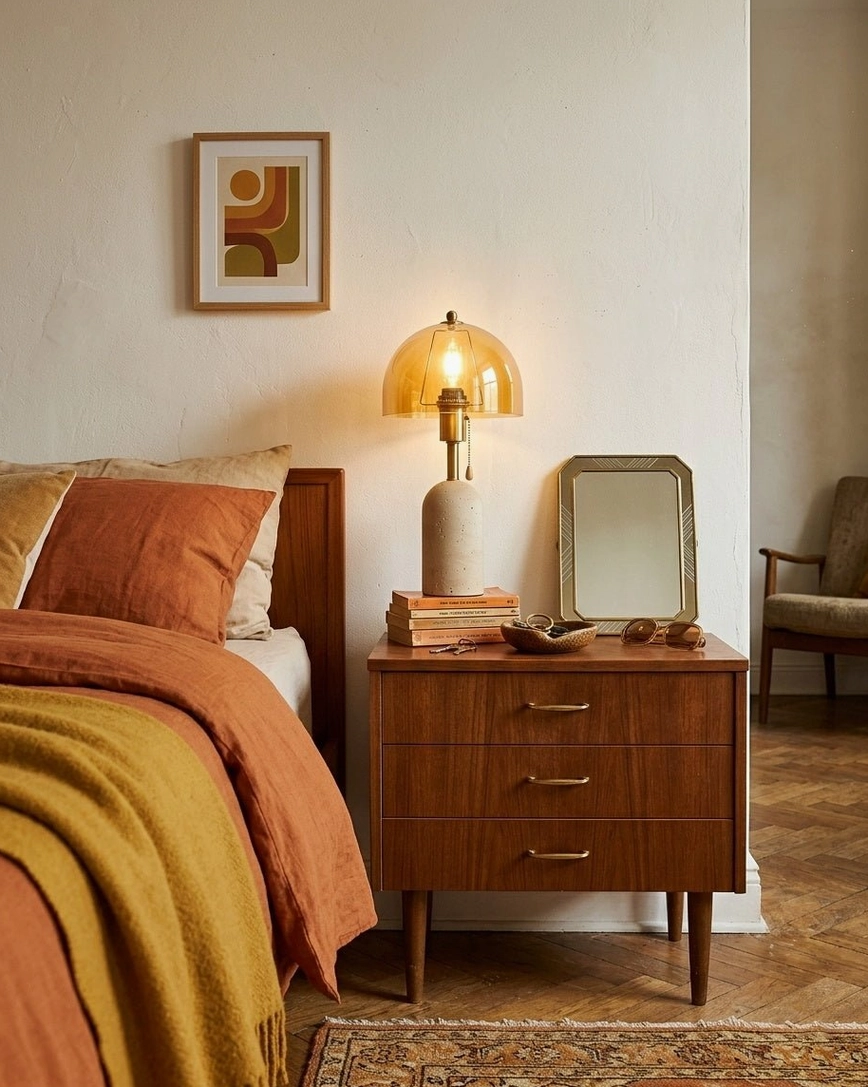 Travertine table lamp on walnut nightstand in cozy bedroom with earth tones