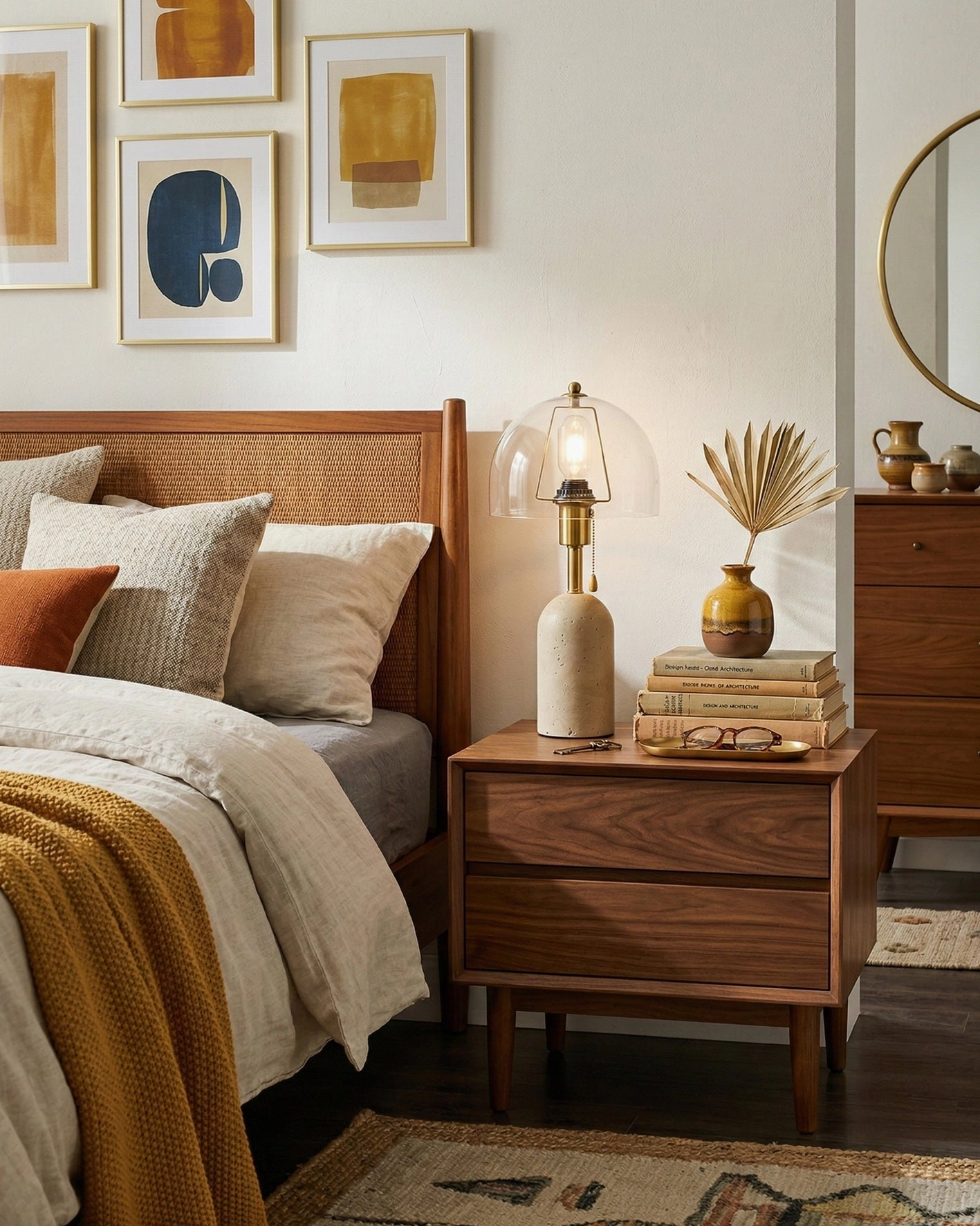 Travertine table lamp with clear glass shade on bedroom nightstand with stacked books