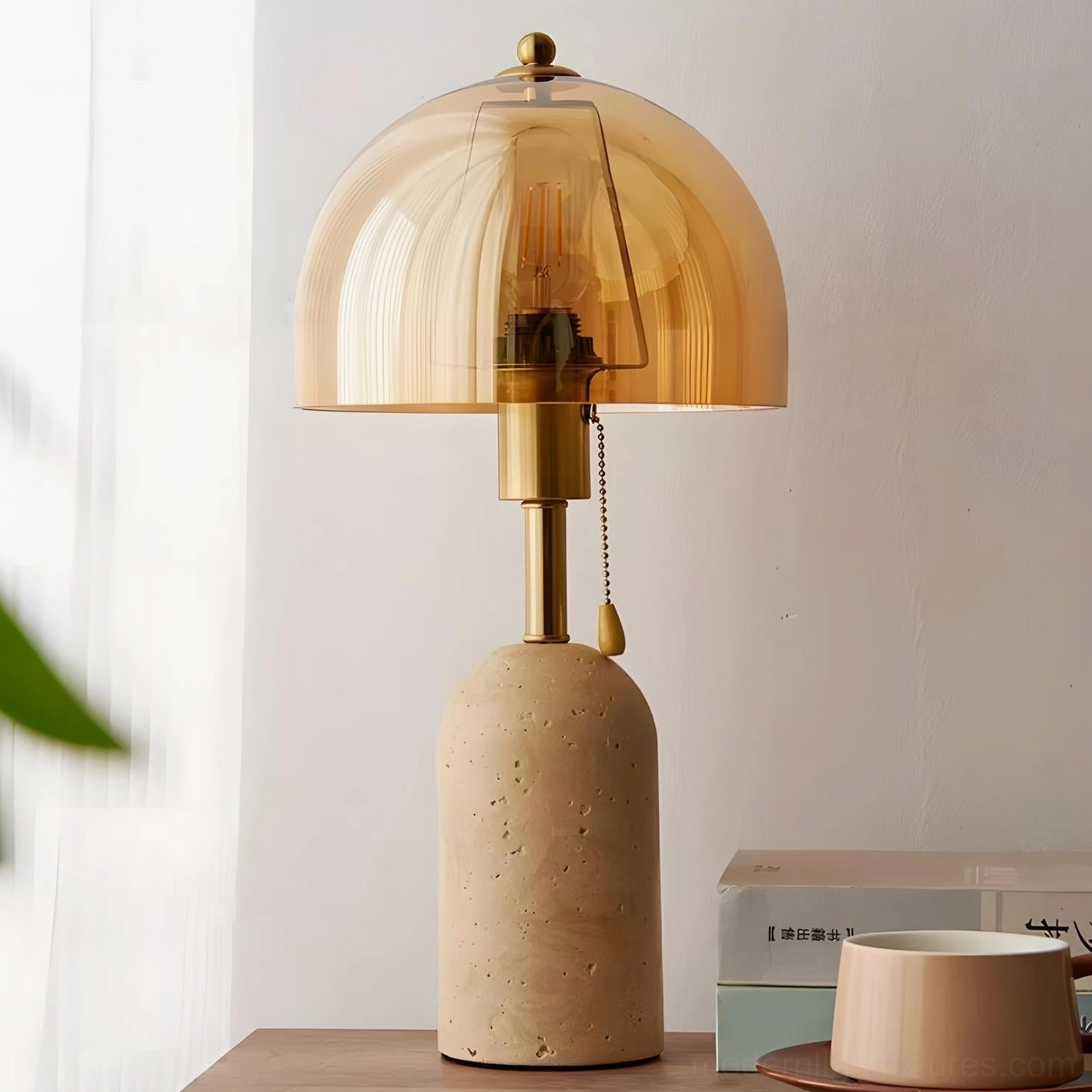 Travertine table lamp beige base with amber glass dome shade