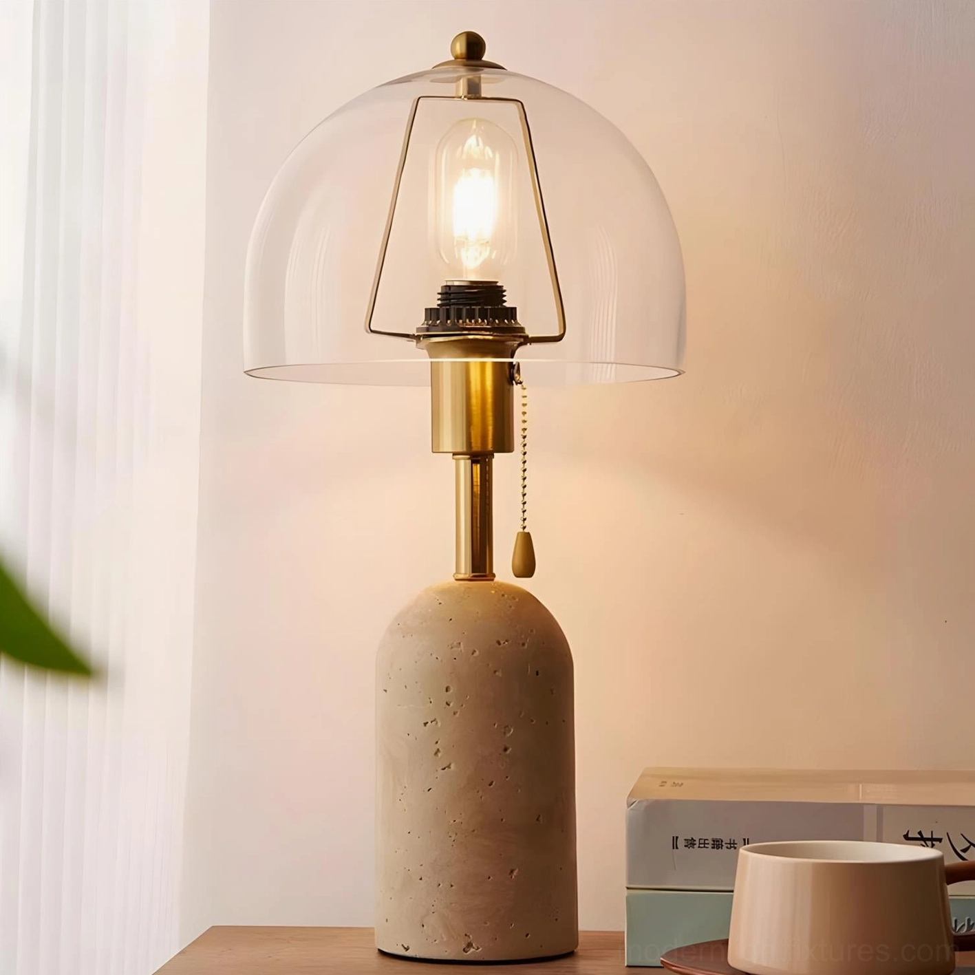 Travertine table lamp beige base with clear glass dome shade