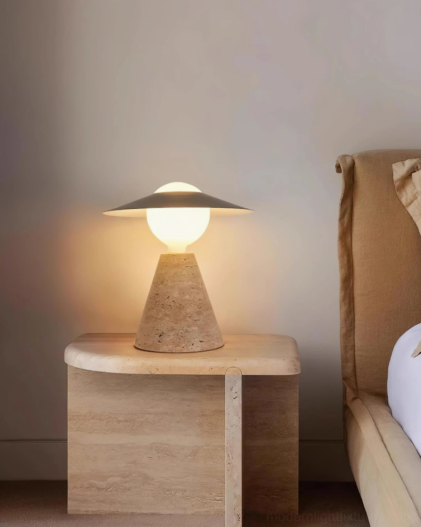 Industrial travertine table lamp with beige metal shade variant