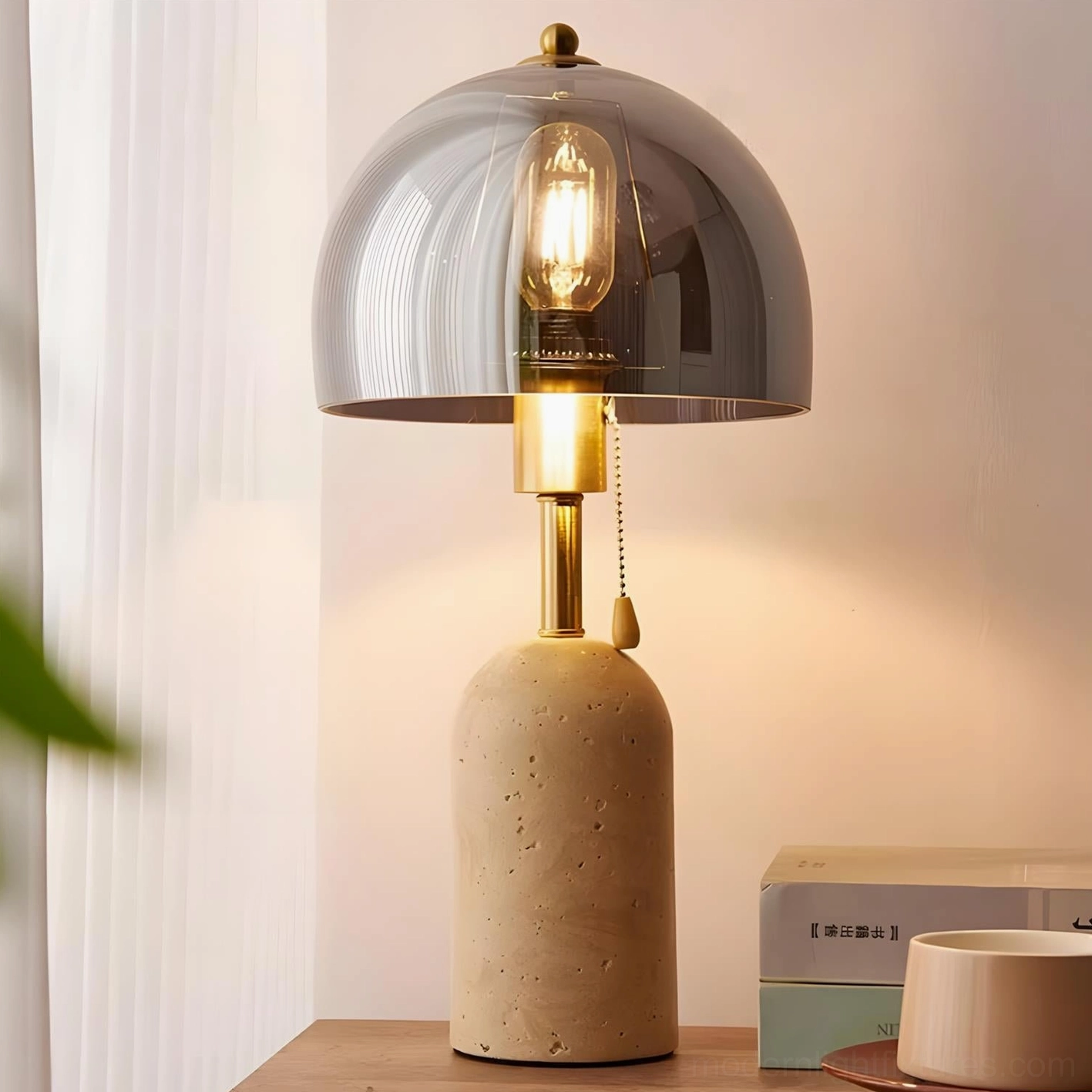 Travertine table lamp beige base with smoky gray glass dome shade