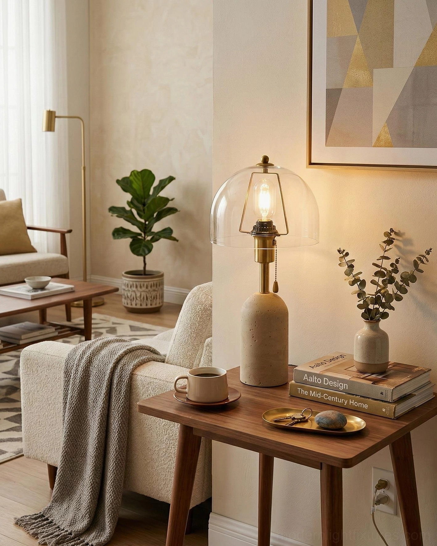 Travertine table lamp with clear glass dome shade on living room side table