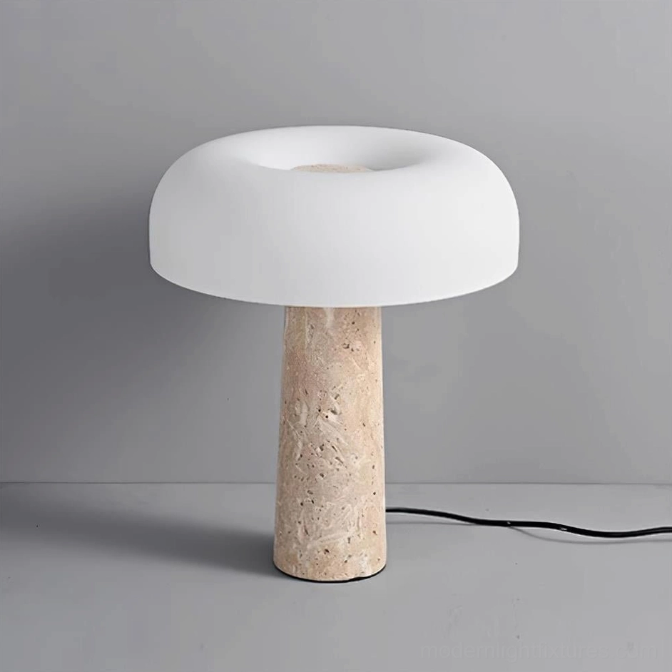 Full view travertine table lamp with power cord, showing complete product with plug switch and 59-inch cord