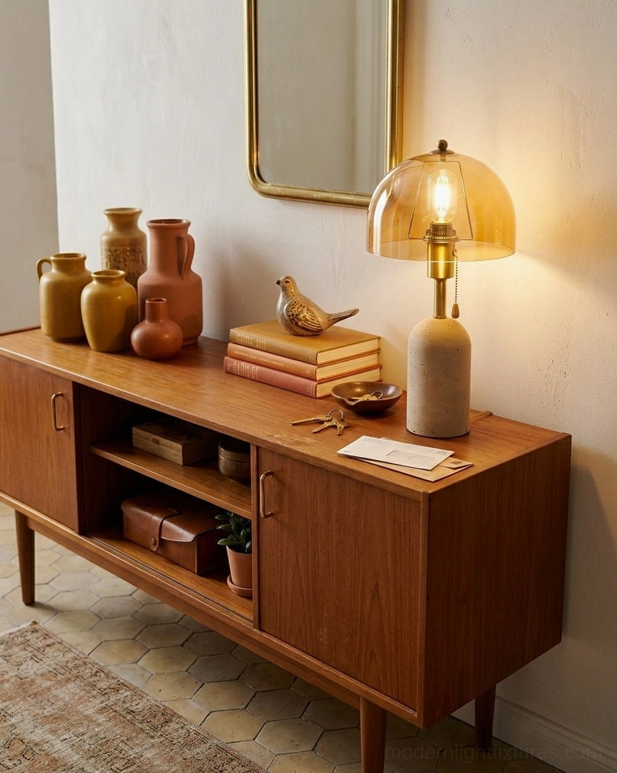 Travertine table lamp on dining sideboard decorated with ceramic vessels