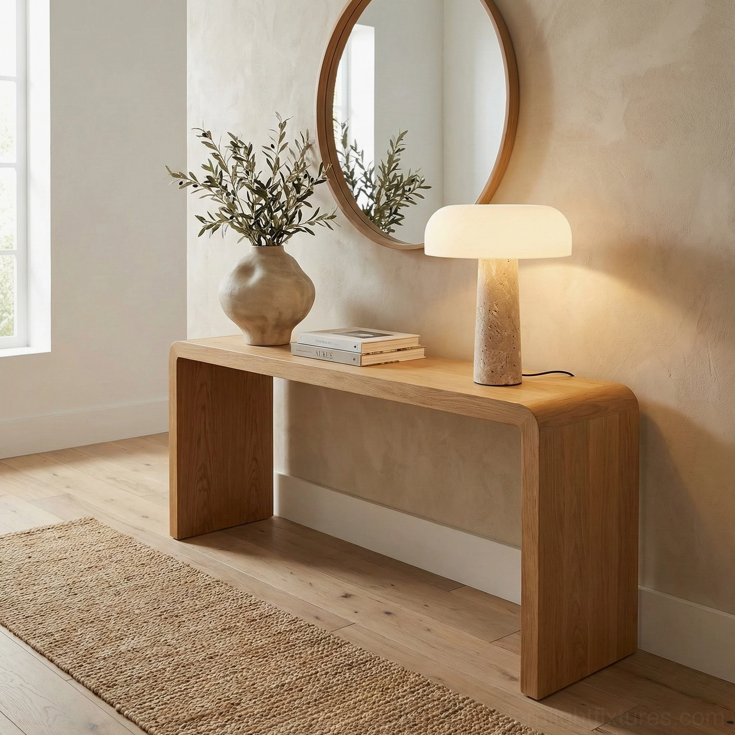 Travertine table lamp displayed on oak console table in modern entryway with round mirror and green plant