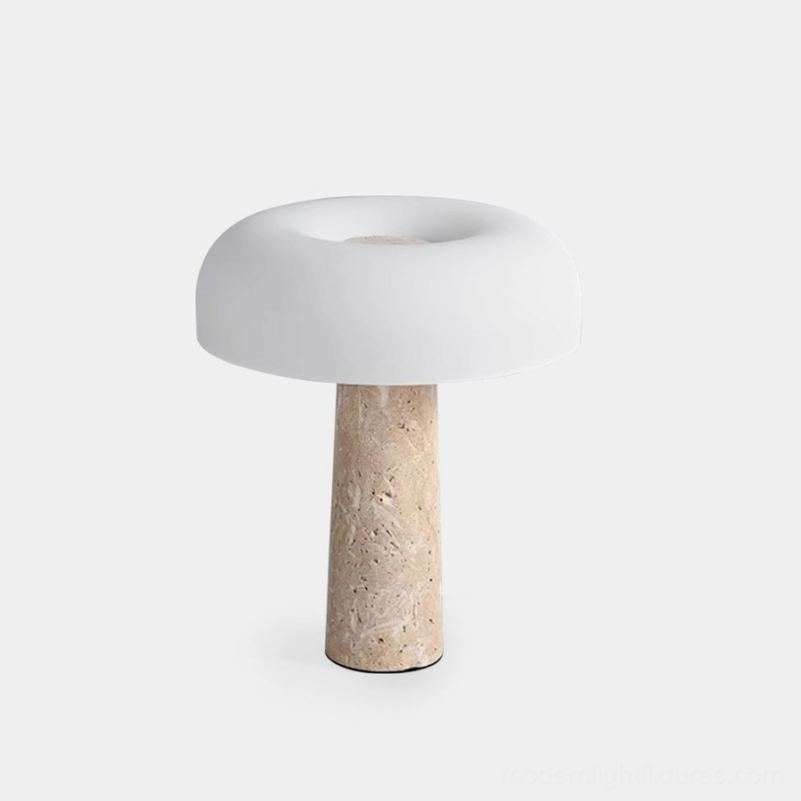 Travertine table lamp with frosted glass shade, front studio view showing minimalist design and natural stone texture