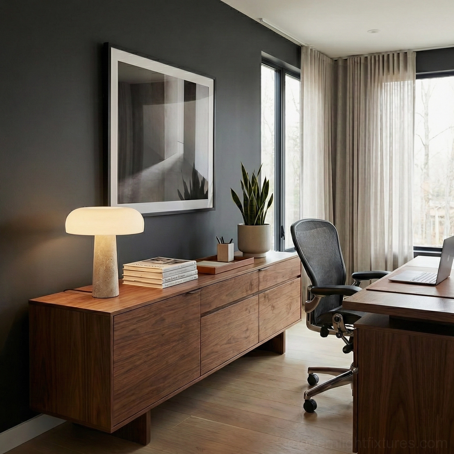 Travertine table lamp shade detail showing frosted glass construction and warm light diffusion quality