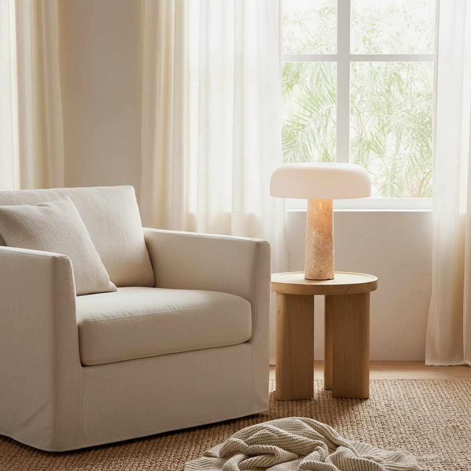 Travertine table lamp on side table in living room lounge area next to linen armchair, bright neutral minimalist design