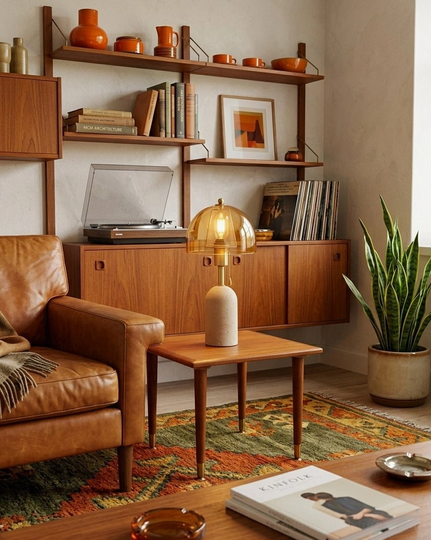 Travertine table lamp next to leather armchair in mid-century modern living room