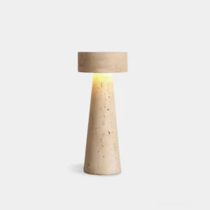 Natural travertine modern table lamp with integrated LED front view, warm beige stone finish, cylindrical minimalist design