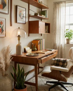 Travertine table lamp on wooden desk in modern home office with mid-century decor