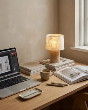 Beige travertine stone base table lamp lit in home office workspace with warm ambient light
