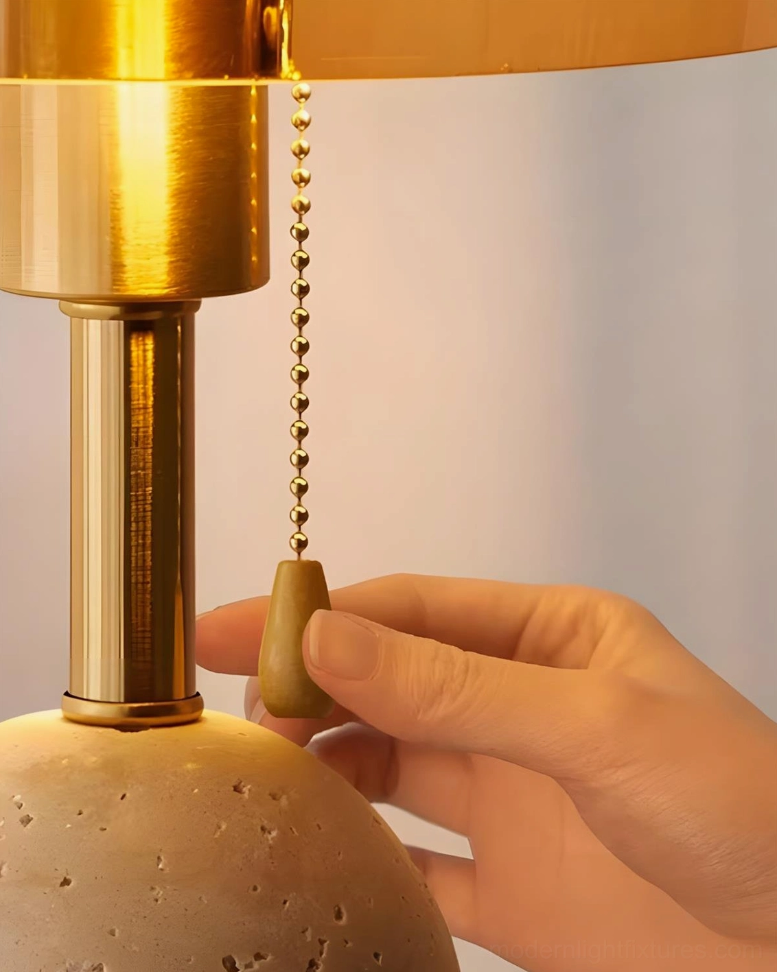 Travertine table lamp dimensions and scale reference in modern interior