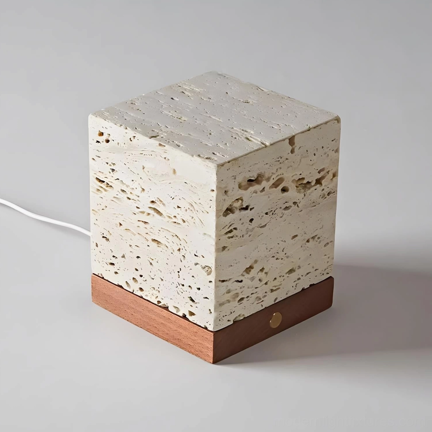 Modern travertine cube table lamp side view natural stone texture wood base