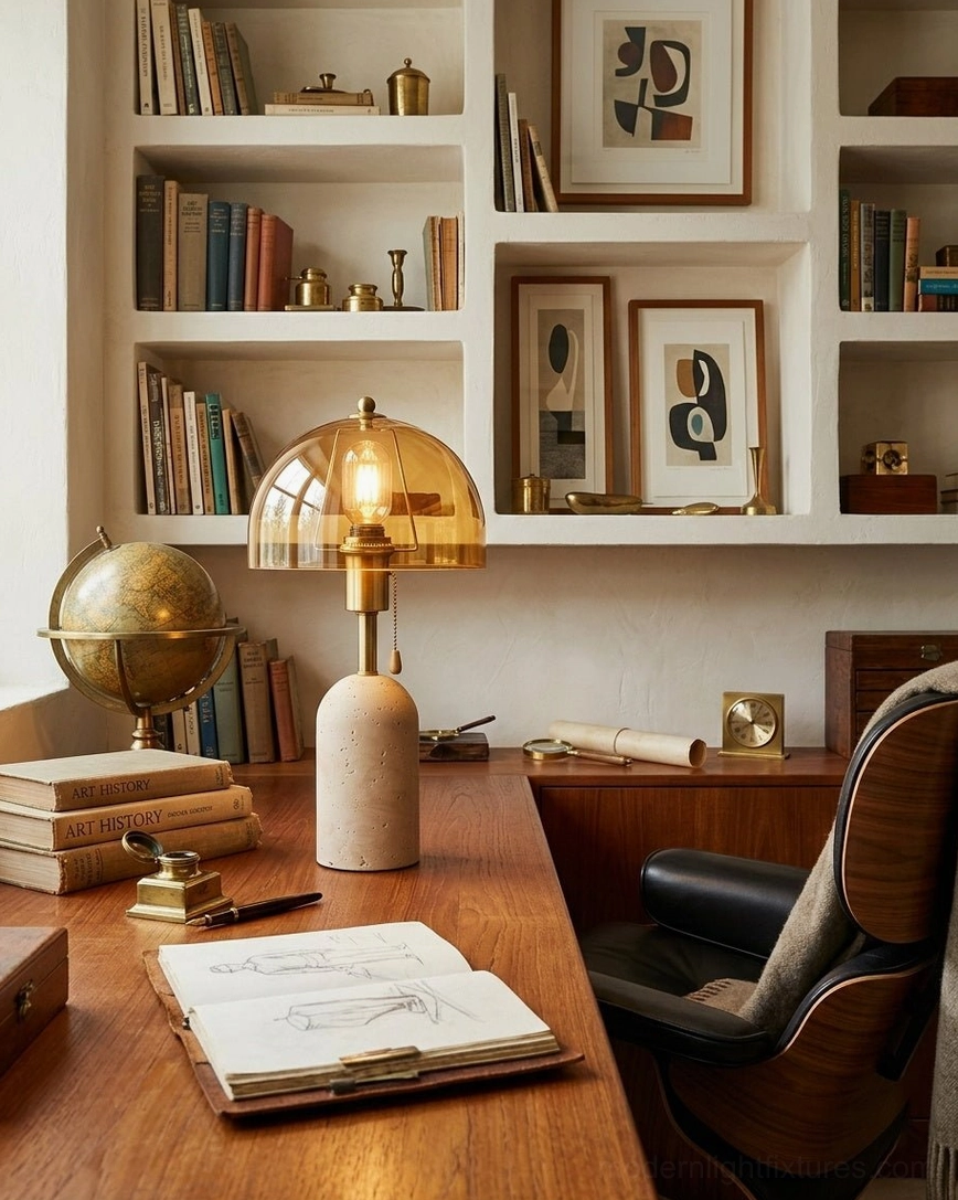 Travertine table lamp at eye level on home study desk with globe and stationery