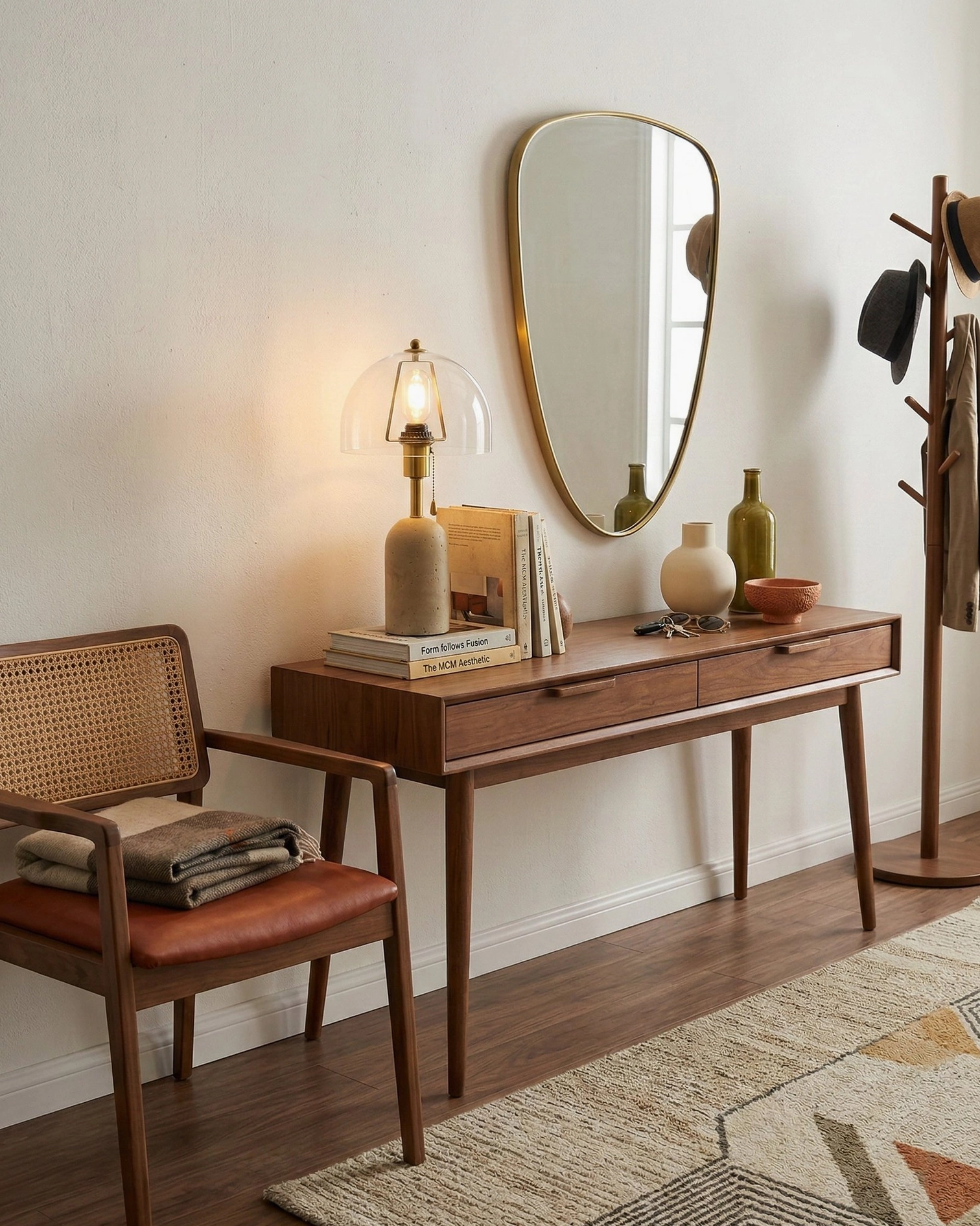 Travertine table lamp with clear glass shade on vanity desk with oval mirror