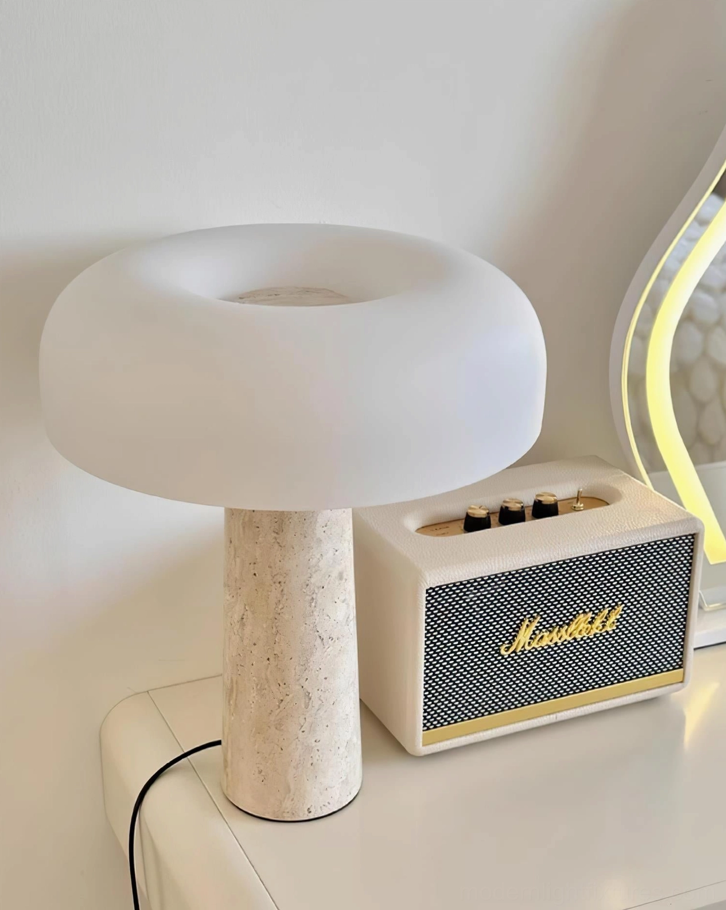 Travertine table lamp wabi-sabi minimalist design aesthetic, natural stone beauty in home styling
