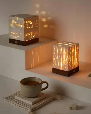 Dual travertine cube table lamps top-down shelf display warm LED glow home decor