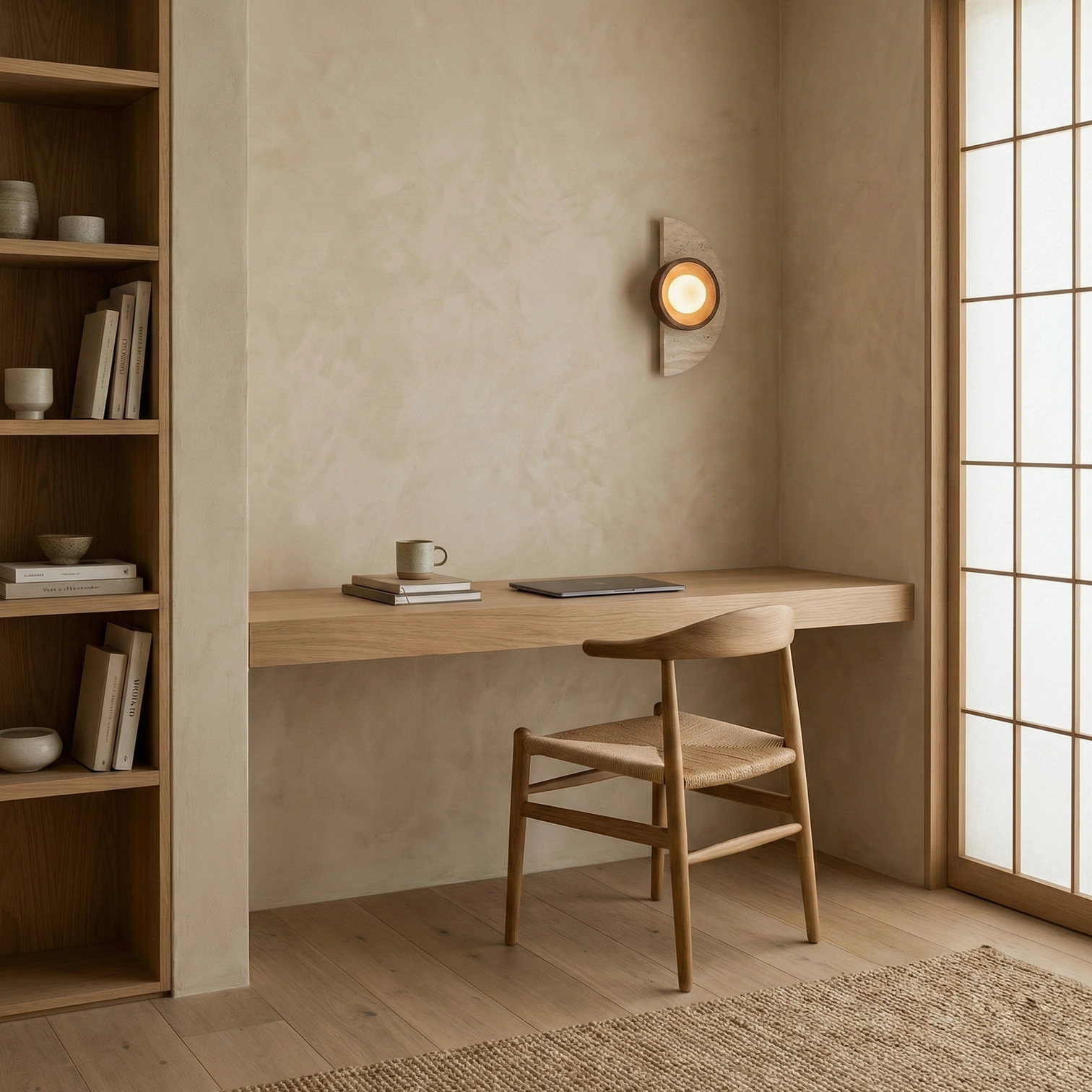 Close-up detail of natural travertine texture and wood housing on modern minimalist wall lamp