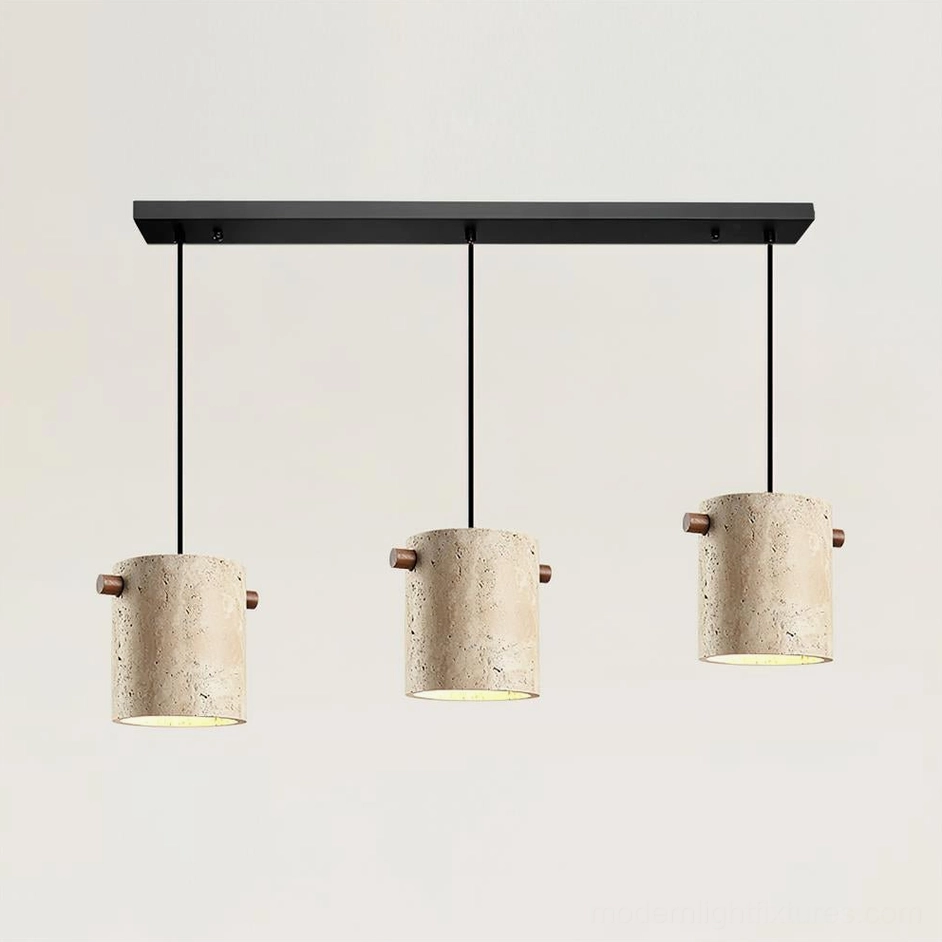 Three-head travertine pendant chandelier, modern minimalist design with walnut wood details