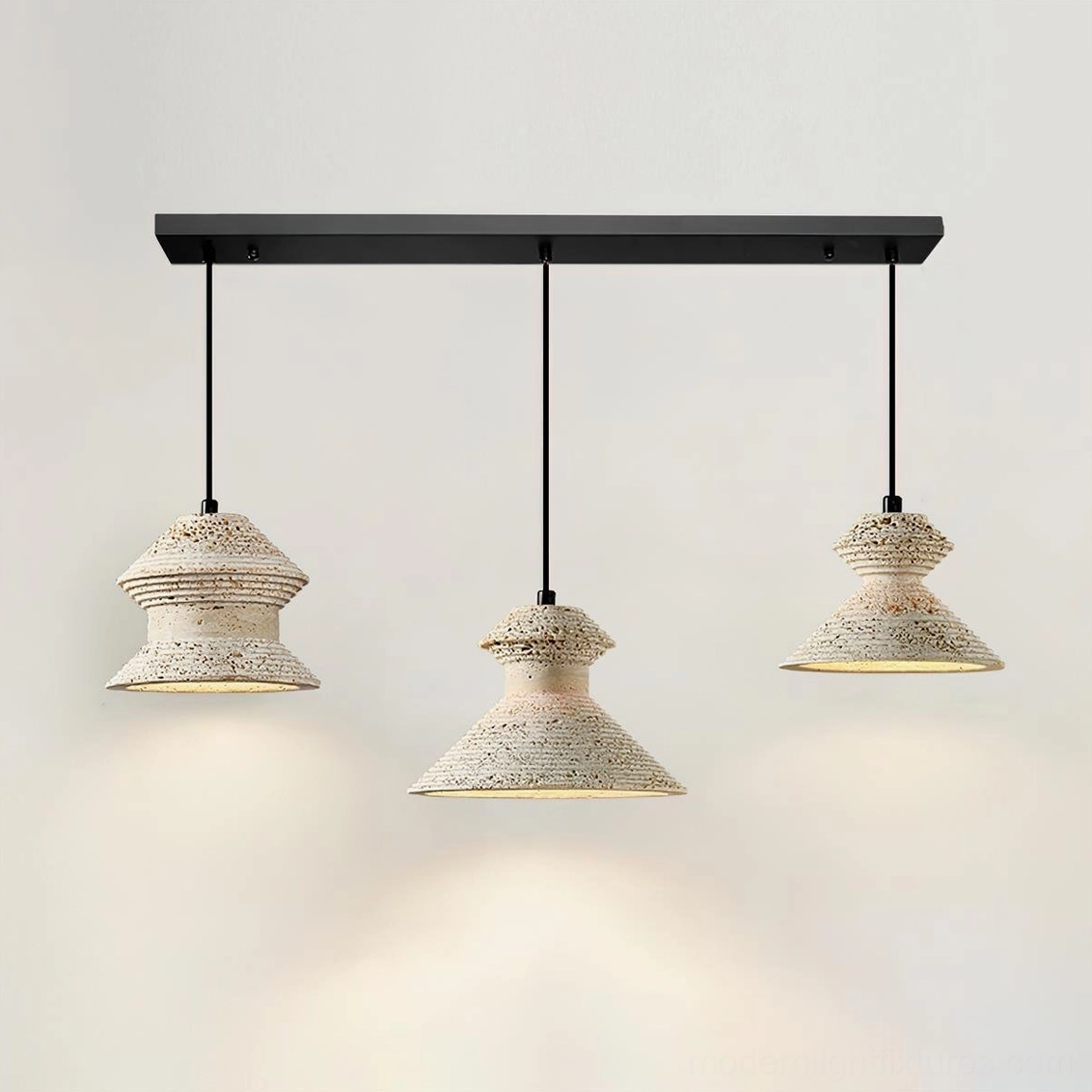 Three-head travertine pendant light cluster fixture with extended 80cm length creating dramatic statement lighting
