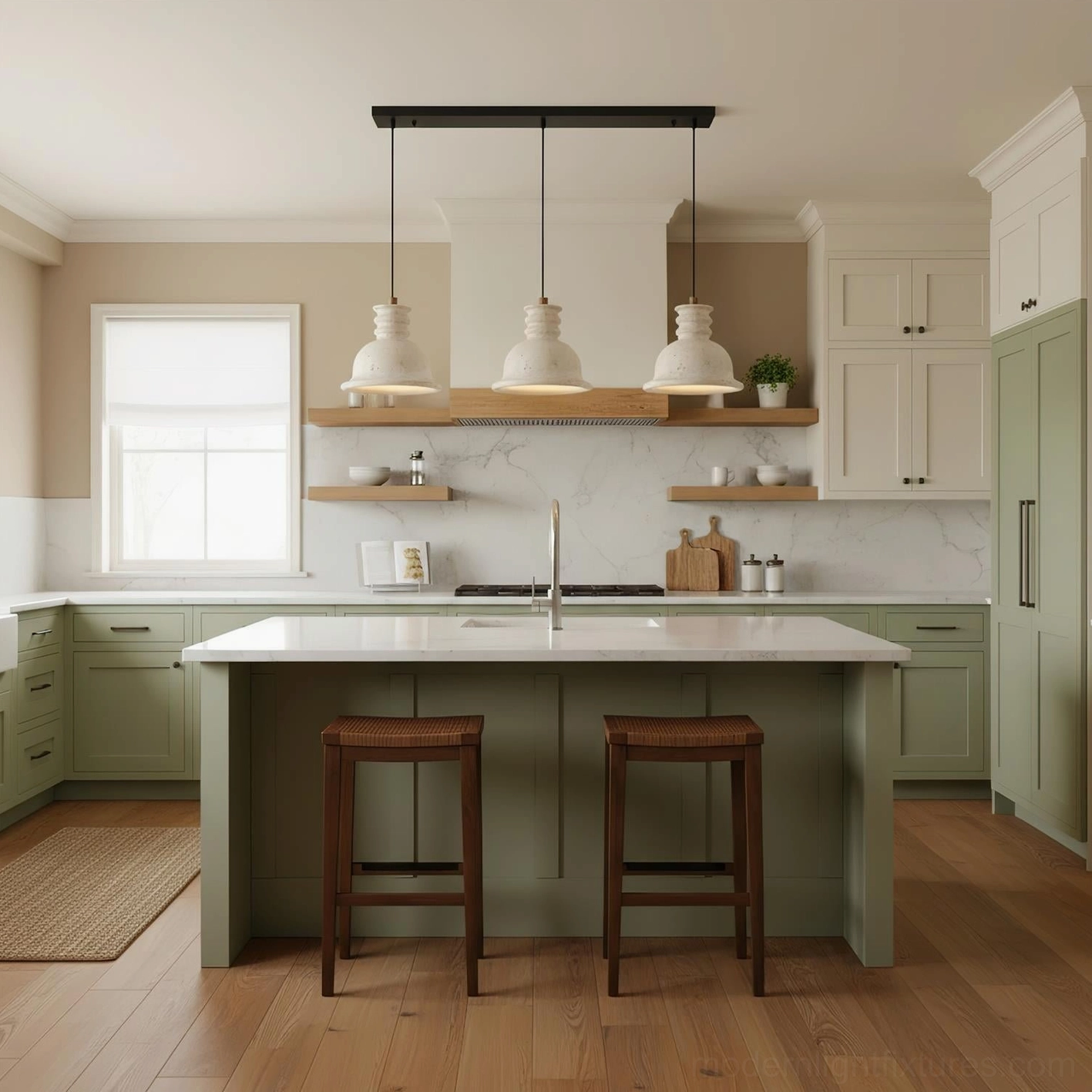 3-head travertine pendant light fixture above kitchen island in residential minimalist kitchen with warm neutral tones