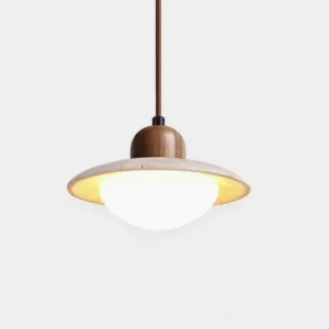 Travertine UFO pendant light with wooden crown - front view modern hanging lamp