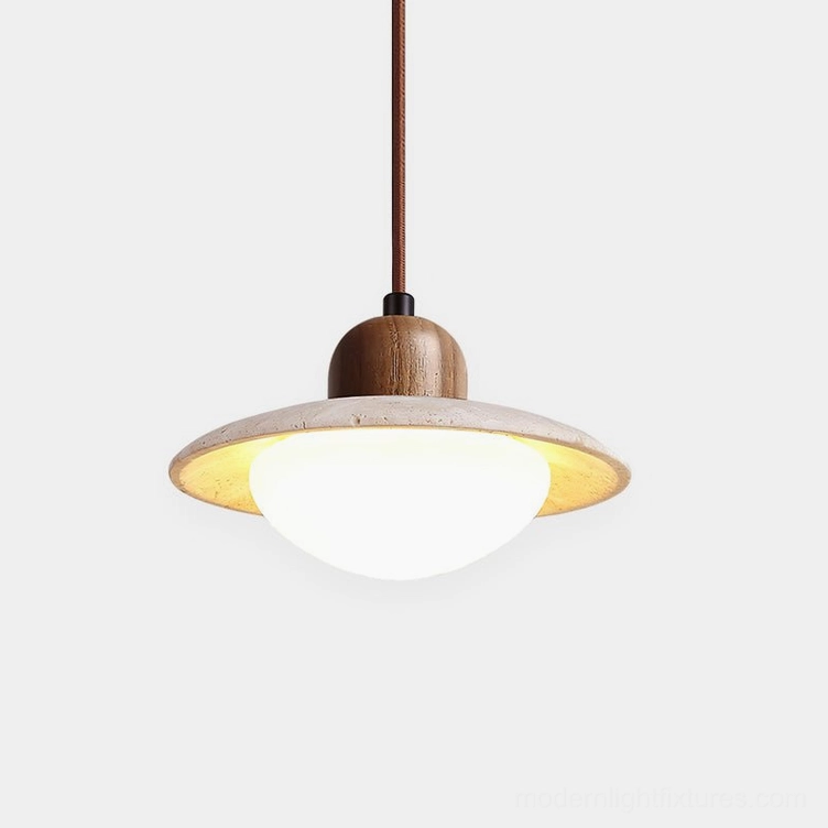 Travertine UFO pendant light with wooden crown - front view modern hanging lamp