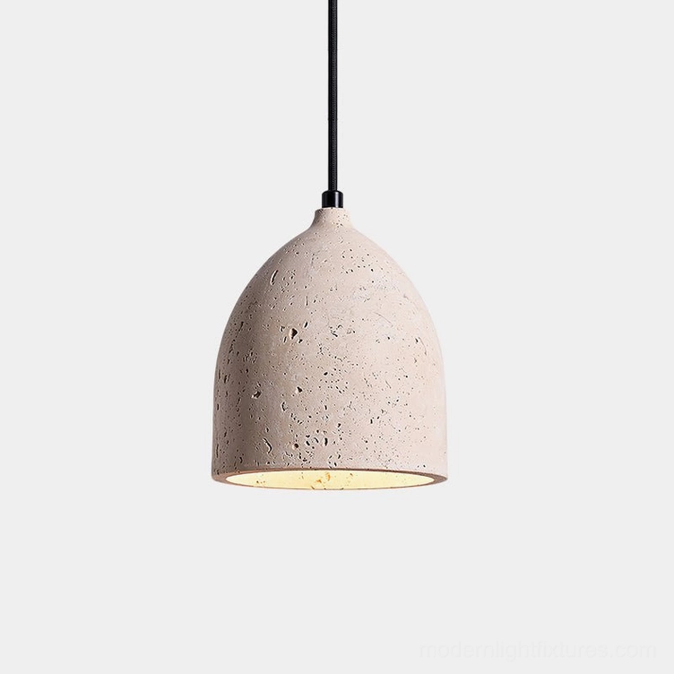 Beige travertine volcanic pendant light with porous stone texture, close-up front view showing dome-shaped shade