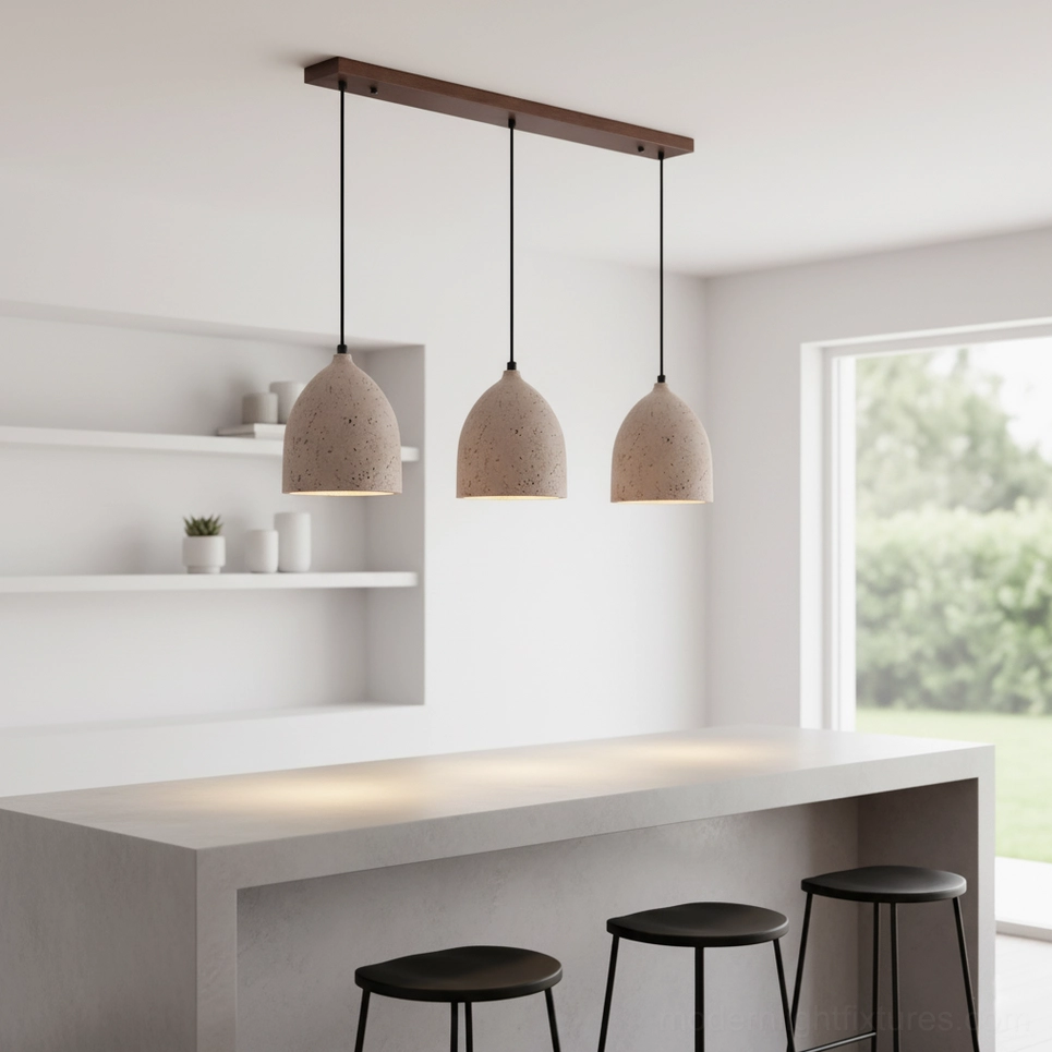 Modern travertine volcanic pendant light fixture showing natural stone texture and porous surface detail