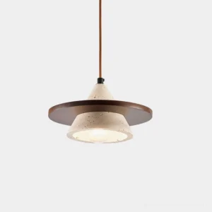 Travertine wabi-sabi layered pendant light with natural stone texture and wood accent, front view on white backdrop